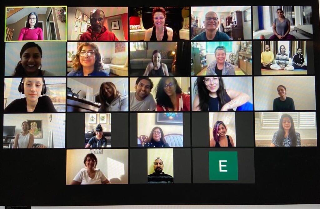 Online yoga teacher training class on Zoom with students and teacher from East Meets West Yog Academy